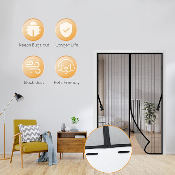 Myggenet til dør med magneter - Jsdoin - 90 cm x 210 cm - Sort Black 90x210cm