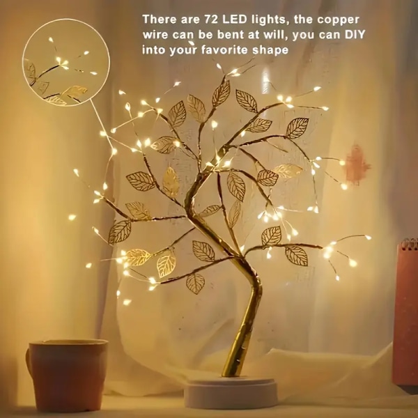 Kultainen lehtipuuvalo, kosketuskytkin, kaksois-USB/AAA-paristokotelo, LED kaunis ja maaginen bonsai-puuvalo