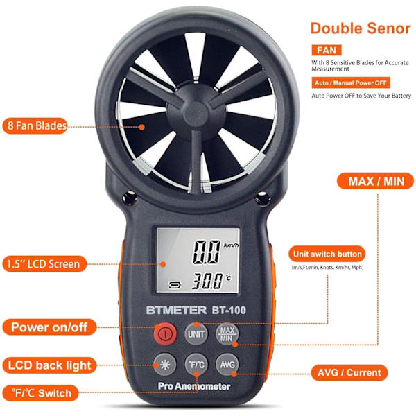 BT-100 Digital Anemometer LCD Vindhastighedsmåler Indikator Mål Temperatur Hastighed med Max/Min/AVG til Drone Surfing