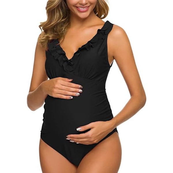 One Piece Graviditets Ruffle Badetøj Rygløs Monokini Dyb V-hals Sort XL XL