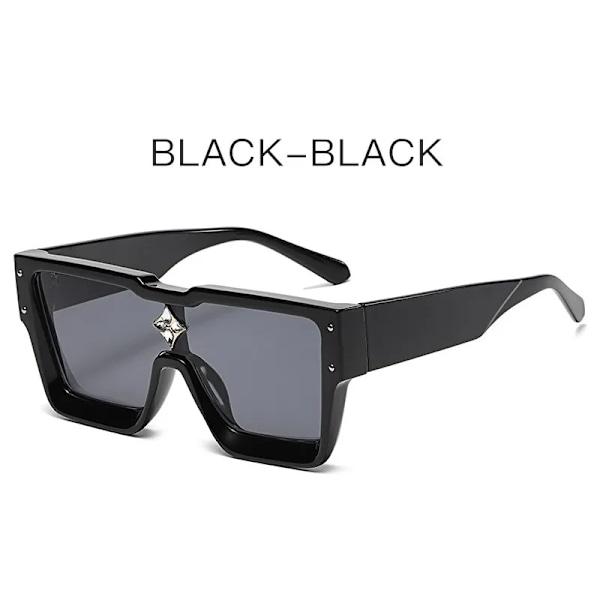 Stora bågar mode solglasögon one-piece bit fyrkantig ram kvinnlig personlighet diamant ris spik solglasögon Black-Black normal