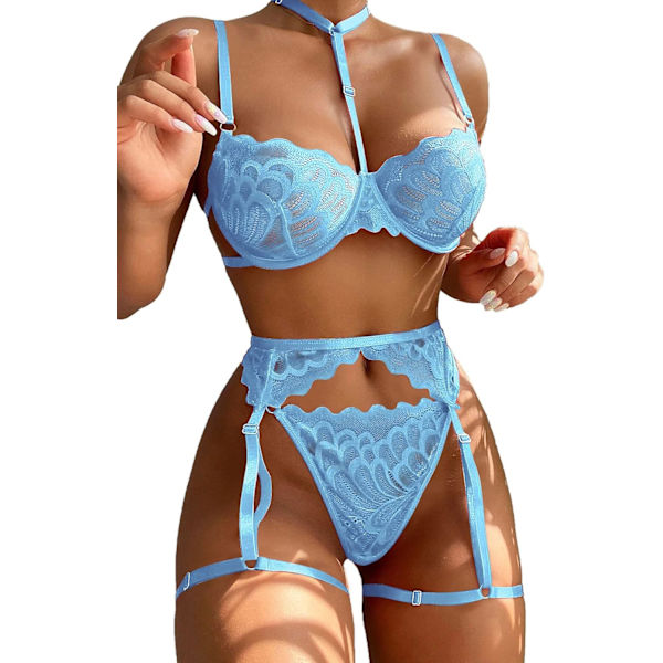 osy Seksi Choker Kukka Pitsi Kaarituellinen Push Up Sukkanauha Alusvaatesetti Naisille Läpinäkyvä Rintaliivit Ja Pikkuhousut 3 Osainen Vaaleansininen Large