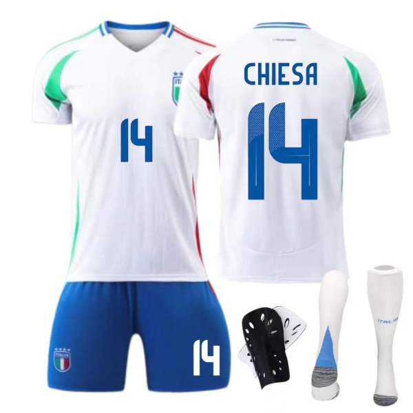 24-25 Italien bortaställ nr 14 Chiesa 18 Barella barn vuxen kostym fotbollströja Size 3 socks M