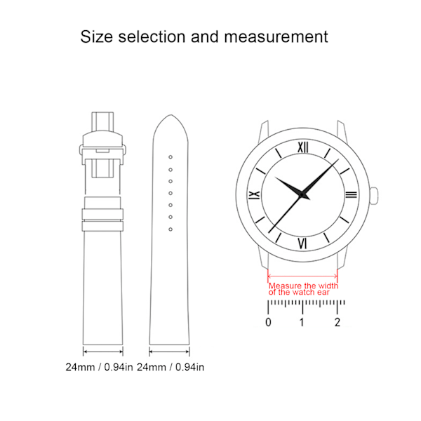 Remmebånd med spenne for klokke, unisex, erstatning, reservedeler, tilbehør, svart 24 mm / 0,94 tommer