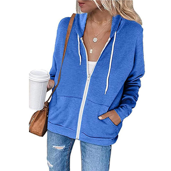 Dame Zipper Hættetrøje Langærmet Frakke Casual Toppe Blå Blue 2XL