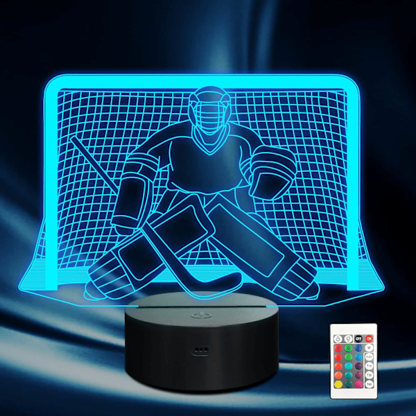 Ishockey Nattlampa, Hockeymålvakt 3D Lampa 16 Färgväxlande med Fjärrkontroll och Timer, Herrarnas Ishockey Dekoration E1116-507