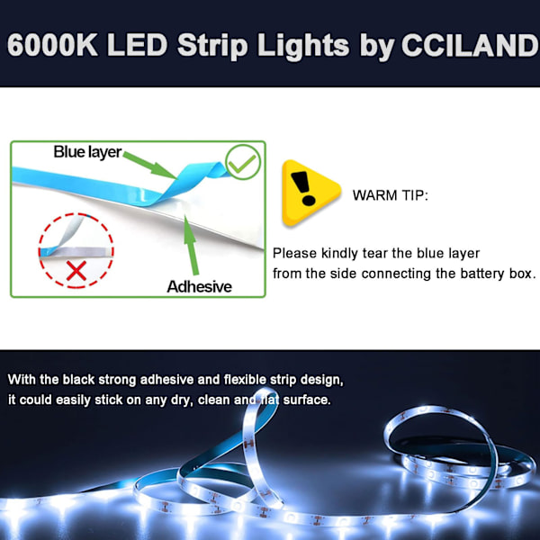 3m LED-striplys med fjernbetjening, vandtæt LED-lysstrimmel, 8 tilstande, dæmpbar, timer, selvklæbende (koldt hvidt)