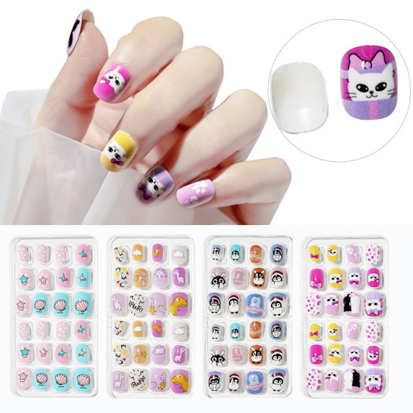 96 pcs children's false nails, 4 boxes children's nails cute girl cat theme