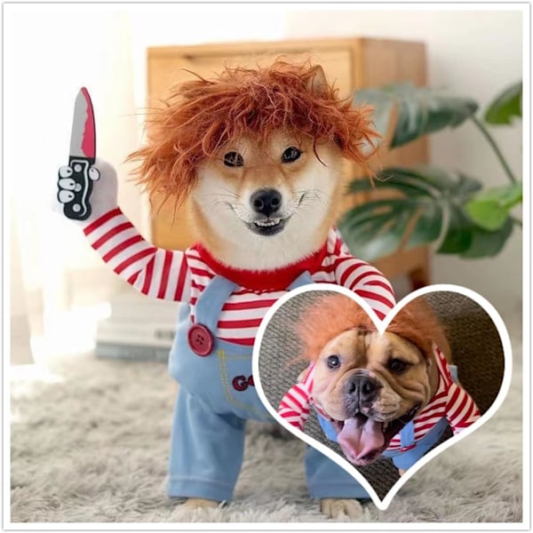 Dödlig docka hundkostym, Chucky hund cosplay rolig Halloween jul hundkostym festdräkt passar små medelstora stora hundar (M: Bröst 21\" - 27\")