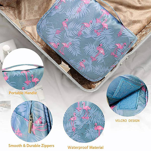 Riippuva kosmetiikkalaukku, suuri kosmetiikan järjestäjä tukevalla koukulla, harmaat flamingot