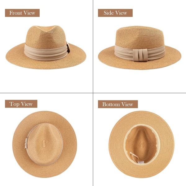 Dames Straw Panama Hat Fedora Strand Solhatt Bred Brätte Straw Rullbar Hatt UPF 50+ Bånd Khak Khaki band One Size