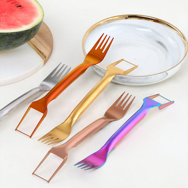 2 i 1 Snabb Vattenmelon Skärare med Gaffel Bärbar Melon Skärare för Sommarfester Gold