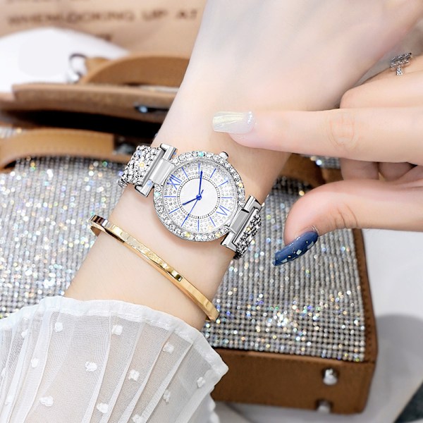 Damklokke i iskrystall, glitrende full diamant strass, enkel kvarts analog klesklokke, jul (gull + sølv) Gold+Silver