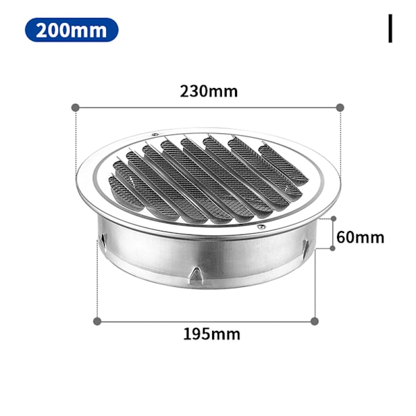 75MM 201 Rustfritt Stål Veggventilasjonsgitter Utvendig Rund Du 200mm