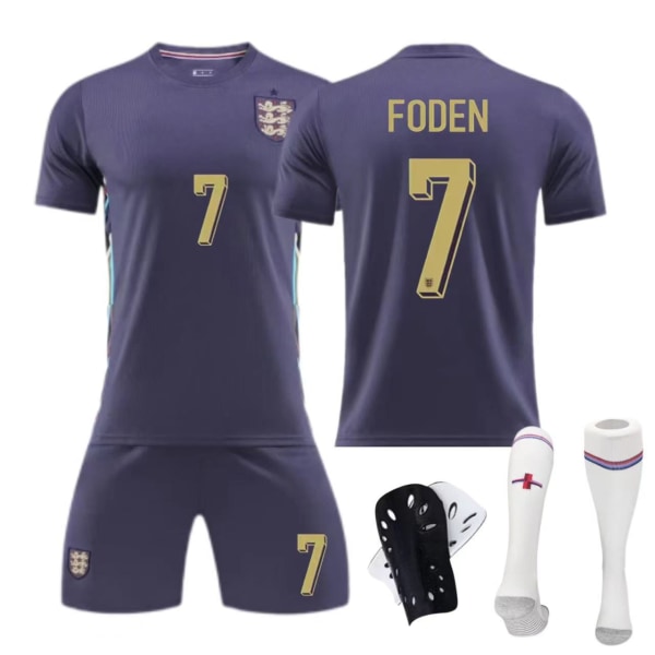 24-25 England bortaställ 10 Bellingham 7 Foden barn vuxen kostym fotbollströja Size 7 socks + protective gear 22