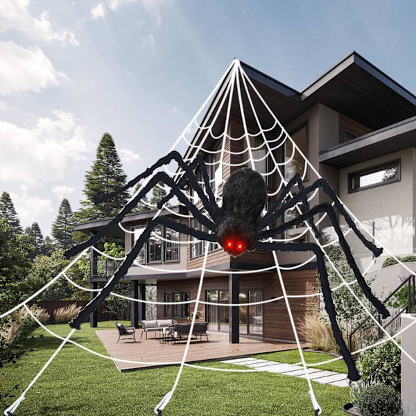 Halloween-edderkopp, 200 cm gigantisk edderkopp, Halloween-utendørsdekorasjon med 7 m trekantet nett, 20 g utvidbart edderkoppnett, 10 plast edderkopper, skrekk