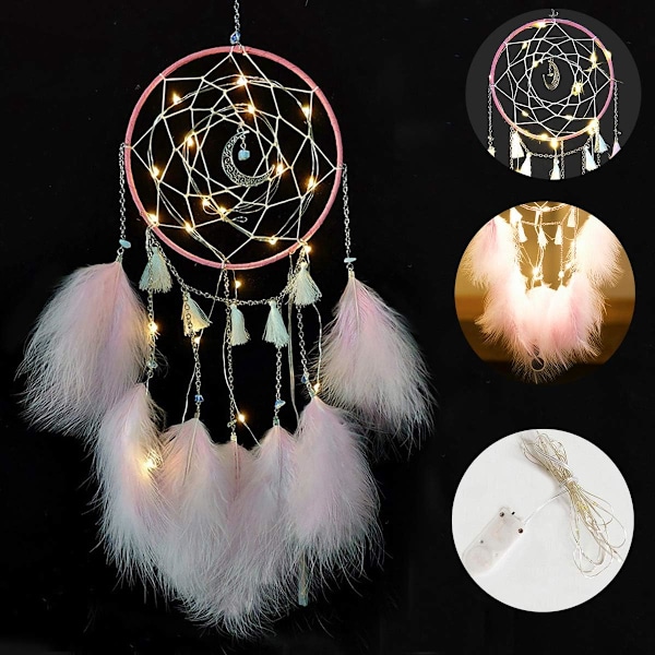 Smuk Drømmesnapper med LED Lys, Håndlavet Drømmesnapper med Fjer, Hjemme Ornament Vægdækning - 15 cm i Diameter, 48 cm i