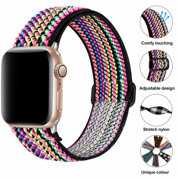 Rem för Apple Watch 40mm 38mm 41mm Nylon Stilfullt Ersättningsrem för Apple Watch SE/iWatch Serie 7 6 5 4 3 2 1, Tunn Regnbåge