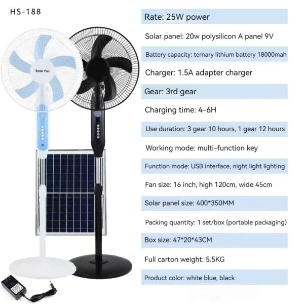 Laderbar solcelledrevet stativ 16-18 tommer med fjernkontroll AC/DC solcellelading Pedestal vifte sol Black US