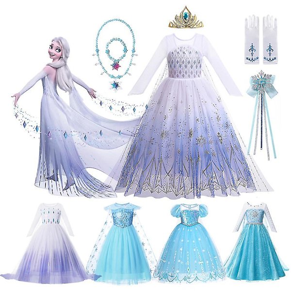 Elsa prinsessklänning för flickor hög kvalitet vita paljetter mesh balklänning karnevalskläder barn cosplay snödrottning Frozen 2 kostym