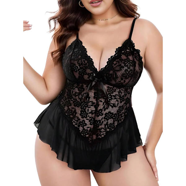 cyRose Plus Size Dameundertøy Body Sexy Enkelt Teddy Blomster Blonder Babydoll Chemise Svart 4X-Large
