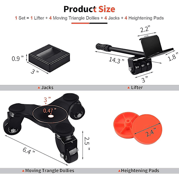 Møbeldolly, møbelflyttere med hjul, 3-hjuls dolly 4-pakke med løfter, 6-tommers stål Tri-Dolly, biljardbord Flytt Dolly's tunge møbler Rull