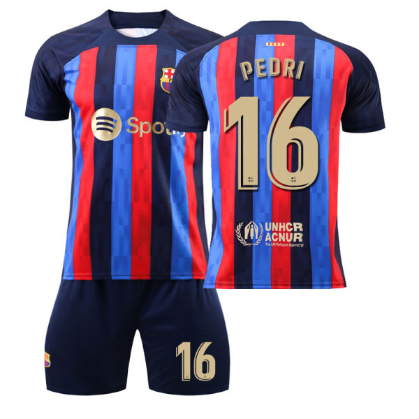 22-23 Barcelona hjemmebane nr. 10 Messi trøje nr. 9 Lewandowski nr. 8 Pedri 30 Gavi fodbolduniformssæt 2223 Barcelona home number 16 #28