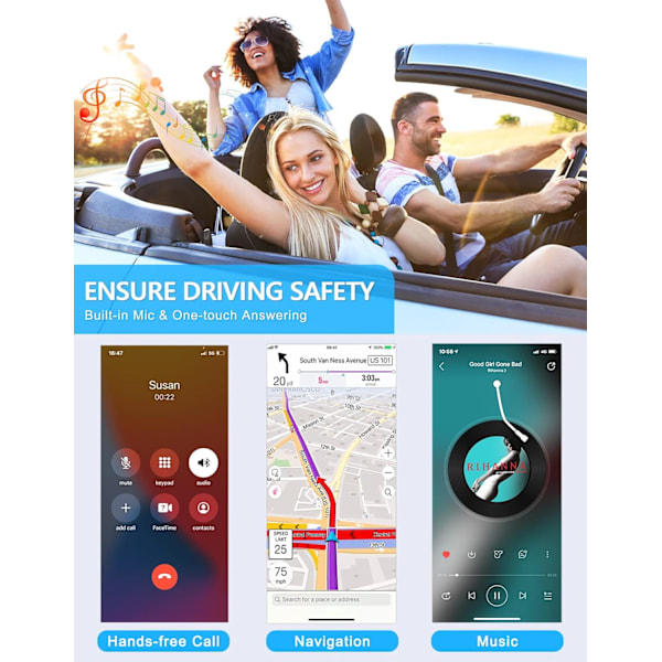 Bluetooth-vastaanotin autoon, Melunvaimennus 3,5 mm AUX Bluetooth-auton sovitin, Handsfree-puhelut, 16 tunnin akun kesto - Musta+Hopea