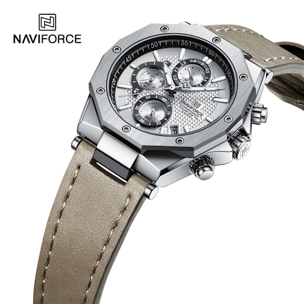 Sport Man Wristwatch Top Brand Luxury Grå Militär Chronograph Äkta Läder Quartz Man Watch Present NA802804 no box
