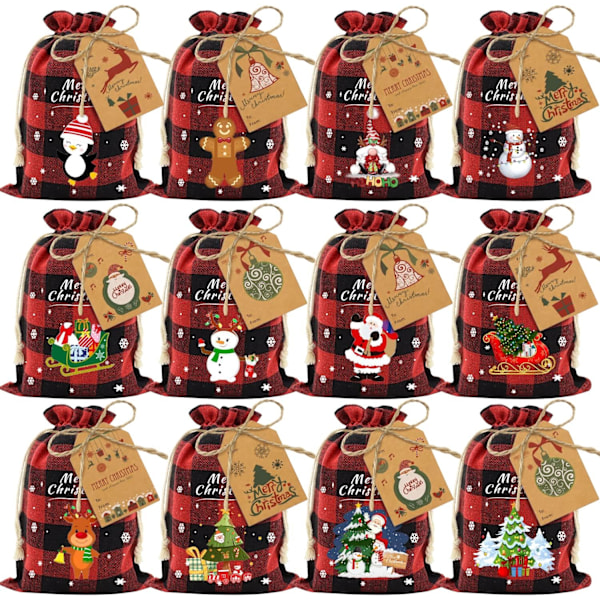 36pcs Cotton Christmas Drawstring Bags Buffalo Plaid Xmas Gift Bags Cotton Xmas Candy Bags Small Cloth Bags (Red+Black)