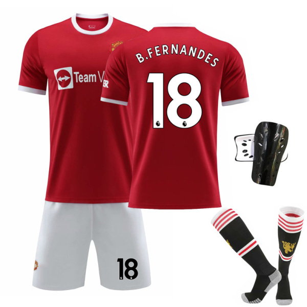 21-22 Nya Red Devils Hemma Nr. 7 Ronaldo Tröja Nr. 6 Pogba Fotbollströja Set Nr. 18 Stjärna med Originalstrumpor No.18 with socks + protective gear L#