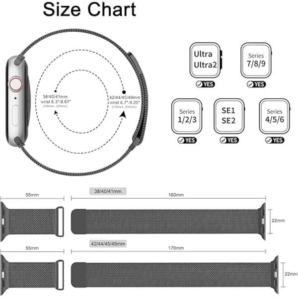 Magnetisk armbånd i rustfritt stål kompatibelt med Apple Watch-armbånd - Milanese Loop-erstatning, metallnett-armbånd for iWatch-armbånd for kvinner og menn