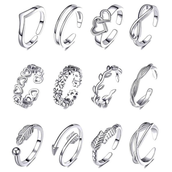 12-pack Tåringsringar Ringar Justerbar Storlek - Silver silver