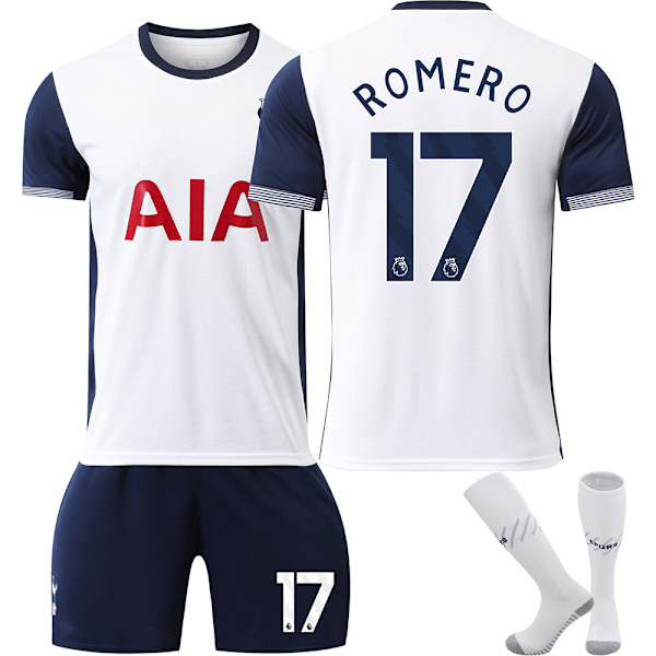 2425 Tottenham Hotspur Hjemmebanetrøje Kortærmet Fodboldtrøje - Sæt - Nr. 7 Son Heung-min 17 Romero 9 + Strømper + Skinnebensbeskyttere 20(110-120cm)