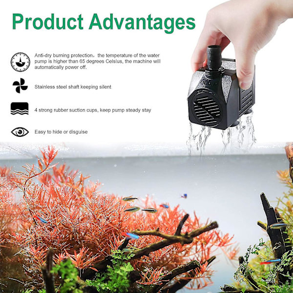 Fontänpump 150 gph (8 W 600 L/h) Nedsänkbar Vattenpump Tyst Liten Översvämningsområde Fontänpump med 3,3 Fu Rör (ID x 1/2
