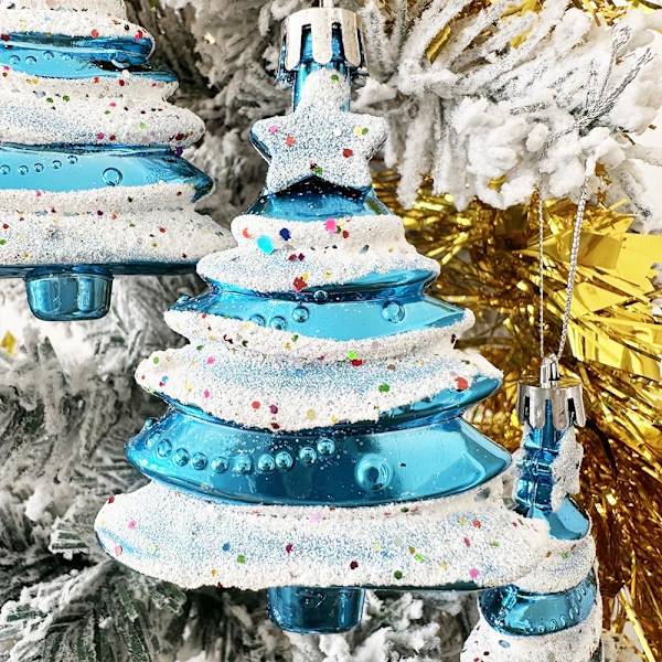 4 stykker juletrær hengende dekorasjoner glitter juletrær kuler juletrær dekorasjoner juletrær anheng glitter jul BLUE