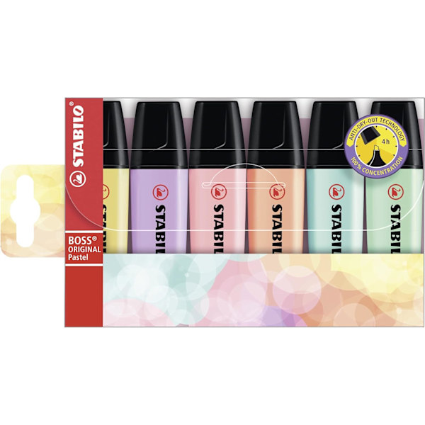 Høymarkør - STABILO BOSS ORIGINAL Pastell - Pakke med 6 - Melkehvit, Kremet Peach, Rosa Blush, Lilla Haze, Hint av Mint, Touch av Turkis