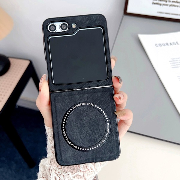 Z Flip 5 Etui Læder Magnetisk Magsafe Etui Kompatibel Samsung Galaxy Z Flip 5 Trådløs Opladning Stødsikkert Z Flip 5 Cover Black