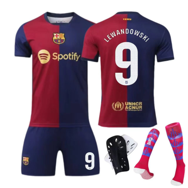 24-25 Barcelona hjemmebane nr. 9 Lewandowski 10 Messi børne- og voksenfodbolddragt Size 9 socks + protective gear S