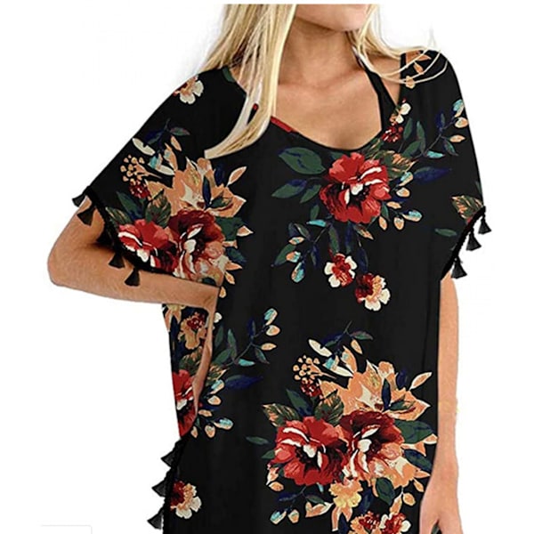 Dam Chiffon Baddräkt Strand Badkläder Cover Ups för Badkläder---Svart Blomma L（Storlek L）