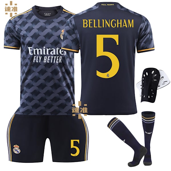 Real Madrid Bortefotballdrakt 23-24 Nr. 7 Vinicius 5 Bellingham 10 Modric barnesett No. 5 protective gear with socks XXXL