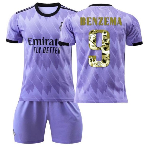 2022 Ballon d'Or-vinnare guld nr 9 Benzema fotbollsuniform set med strumpor hemma och borta specialutgåvan tröja 2223 Away Purple #S