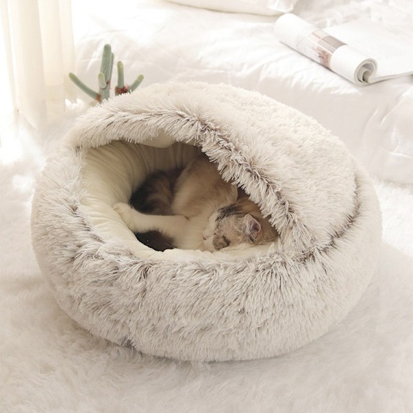 Blød og fluffy katteseng, rund blød plys, hule med hætte, katteseng, til vinter, varm, sovepude, skridsikker, maskinvaskbar, til katte og hvalpe
