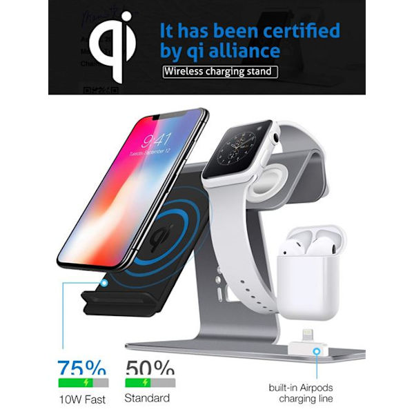 3-i-1 aluminiumstativ för Apple Watch, Airpods och iPhone X Wi