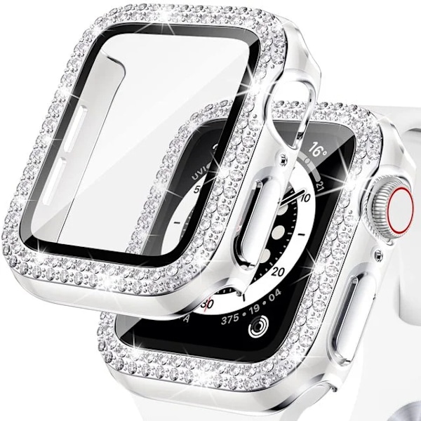 Bling Glass+ cover for Apple Watch Case 45mm 41mm 40mm 44mm 42mm 38mm Diamond bumper+screen protector iwatch series 7 9 8 5 6 SE B white silver