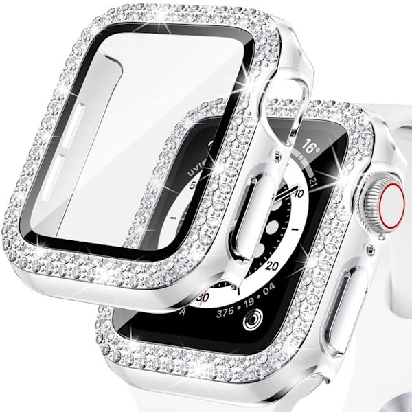 Bling Glass+ deksel for Apple Watch Case 45mm 41mm 40mm 44mm 42mm 38mm Diamant støtfanger+skjermbeskytter iwatch serie 7 9 8 5 6 SE B hvit sølv B white silver 38mm Series 321