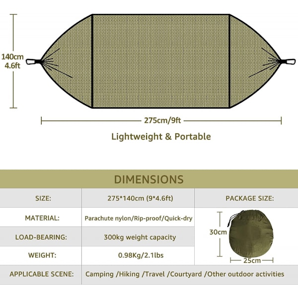 Ultralight Travel Hammock Mosquito Net Hammock | Kantavuus 300 kg, hengittävä nylon | Mukana 2 korkealaatuista karabiinia, 2 nylo Army Green
