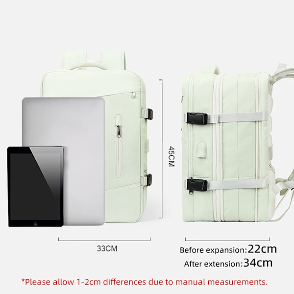 Hopfällbar Reseryggsäck Unisex Laptopväska Stor Duffelväska Dam Student Business Resa USB Laddad Light Green