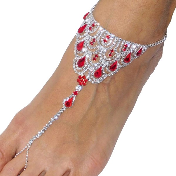 1Par Beach Rhinestone Barefoot Sandals Anklet with Toe Ring Cry