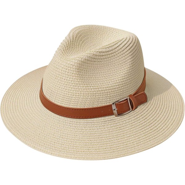 Damer Halm Panama Hatt Fedora Strand Solhatt Bred Brätte Halm Rulla upp Hatt UPF 50+ Spänne Bälte Beige Buckle Belt Beige One Size